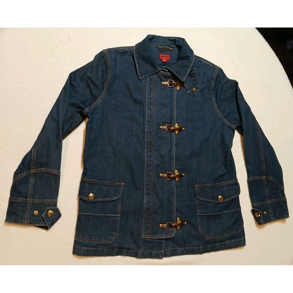 VTG Chaps Denim Fireman Jacket Womens XL Dark Wash Lobster Clasp Toggle Chores